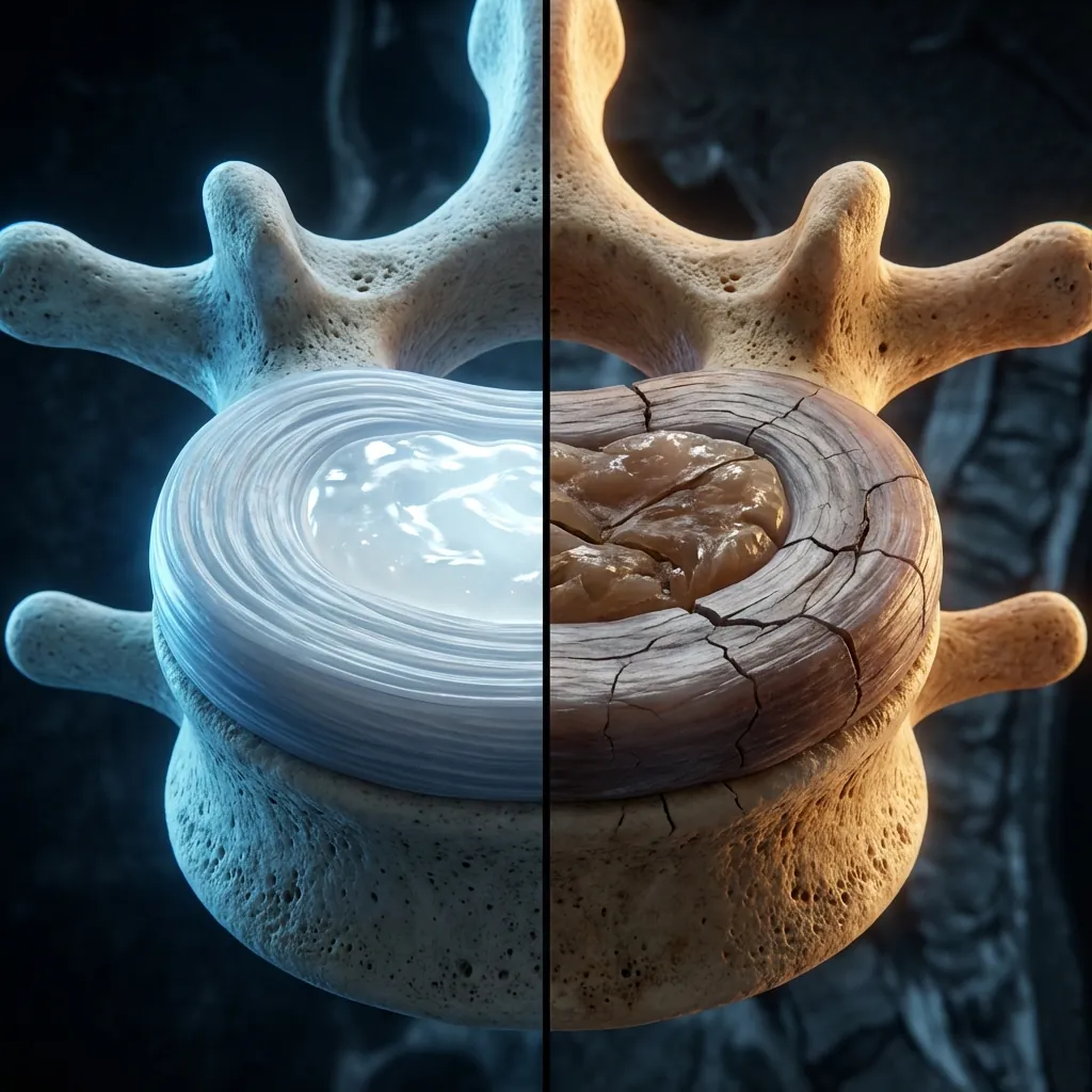 Detailed cross-section of a healthy intervertebral disc showing the Nucleus Pulposus and Annulus Fibrosus