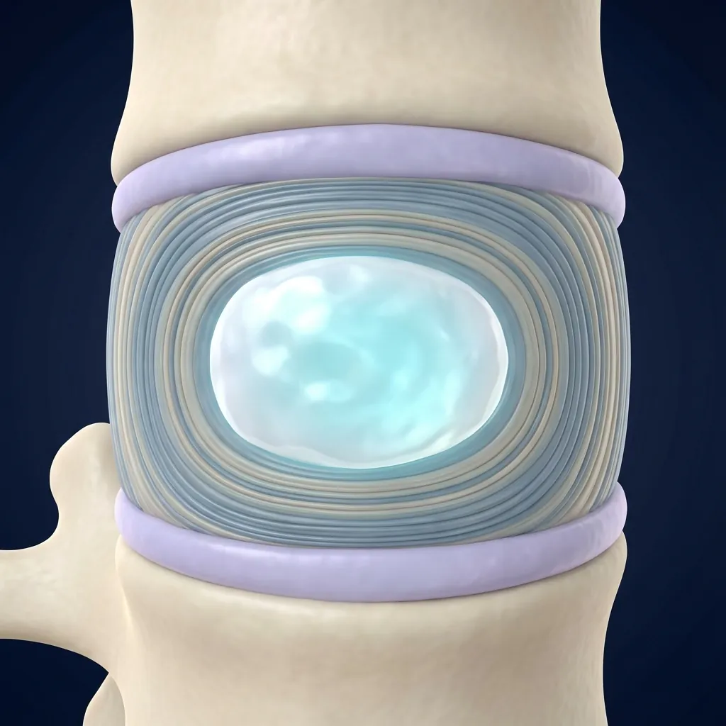 The Baseline - Normal Disc: High water content (~80%), organized concentric rings, full height. Intact boundaries.